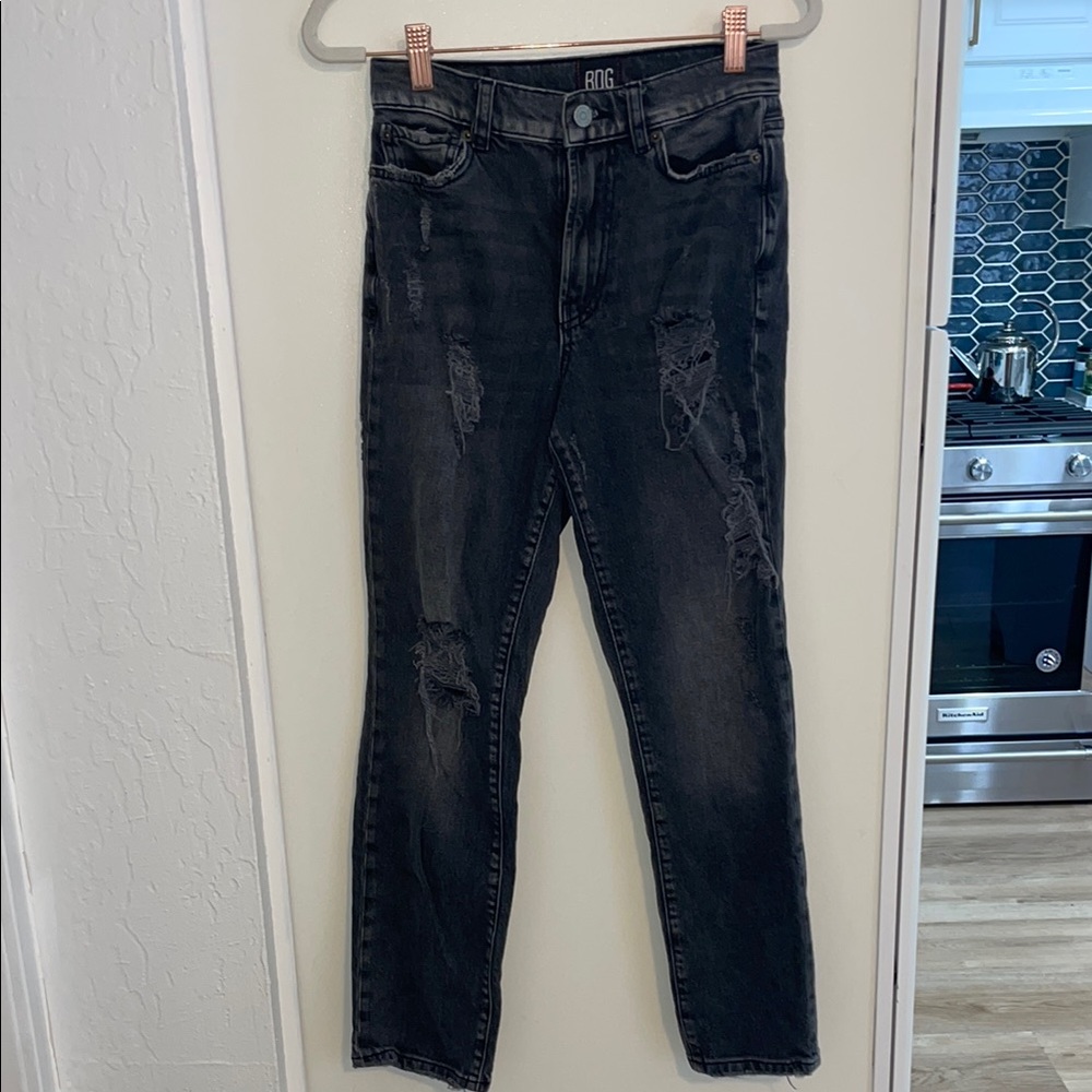 BDG Faded Distressed Black Stretch High Rise Slim Straight Jeans | 25